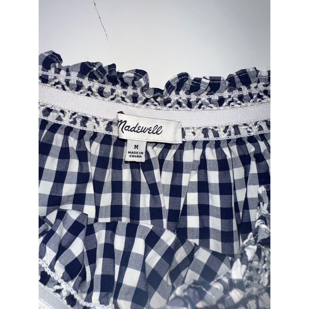Madewell Navy White Gingham Smocked Off The Shoulder‎ Cotton Blouse G1547 SP 17 - Picture 9 of 11